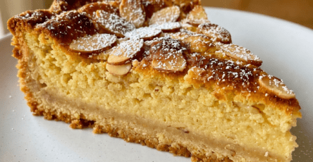 A golden almond custard tart with a buttery crust, creamy almond filling, sliced almonds on top and a dusting of powdered sugar.