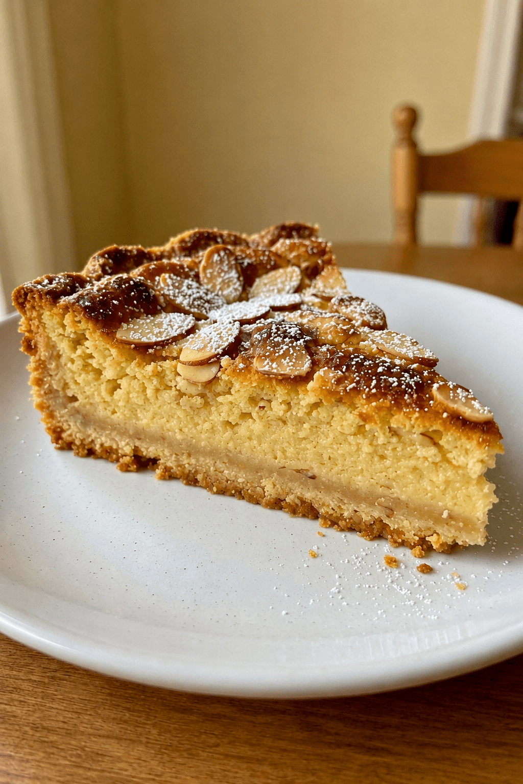 A golden almond custard tart with a buttery crust, creamy almond filling, sliced almonds on top and a dusting of powdered sugar.