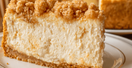 A creamy crumb topped cheesecake with a crunchy biscuit base, golden crumble topping and smooth cheesecake filling on a plate.