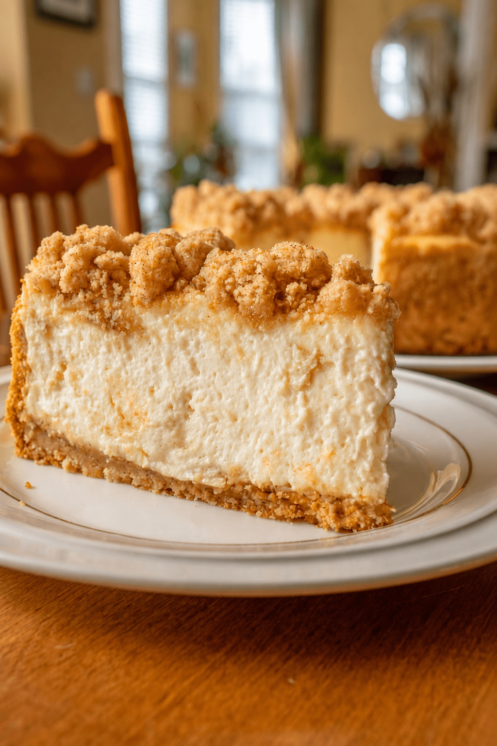 A creamy crumb topped cheesecake with a crunchy biscuit base, golden crumble topping and smooth cheesecake filling on a plate.