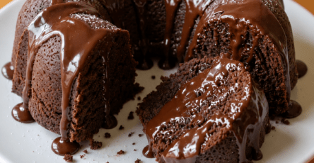 A moist chocolate Bundt cake topped with glossy chocolate ganache dripping down the sides, served on a plate with a rich dark crumb.