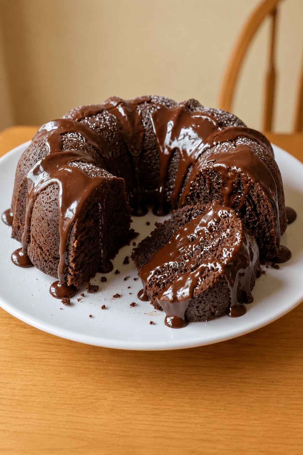 A moist chocolate Bundt cake topped with glossy chocolate ganache dripping down the sides, served on a plate with a rich dark crumb.