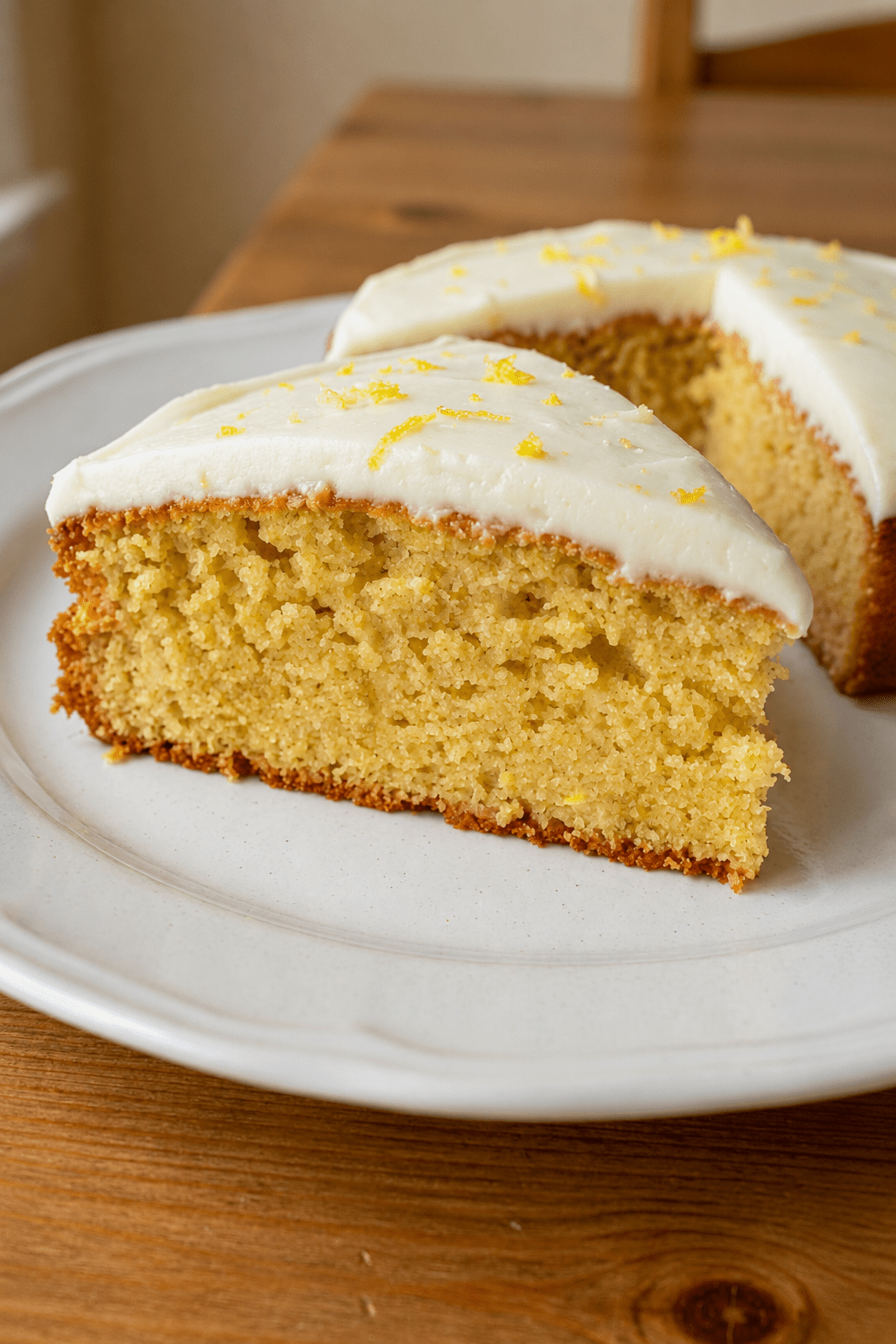 A soft lemon cake topped with smooth cream cheese frosting, fresh lemon zest and a moist golden crumb served on a cake plate.