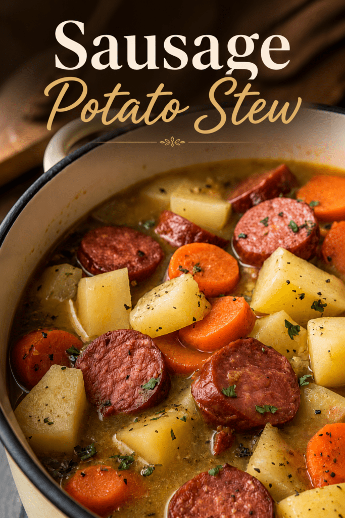 A warm bowl of sausage, potato and carrot stew with sliced smoked sausage, tender potato chunks, carrots and fresh parsley in a rich broth.