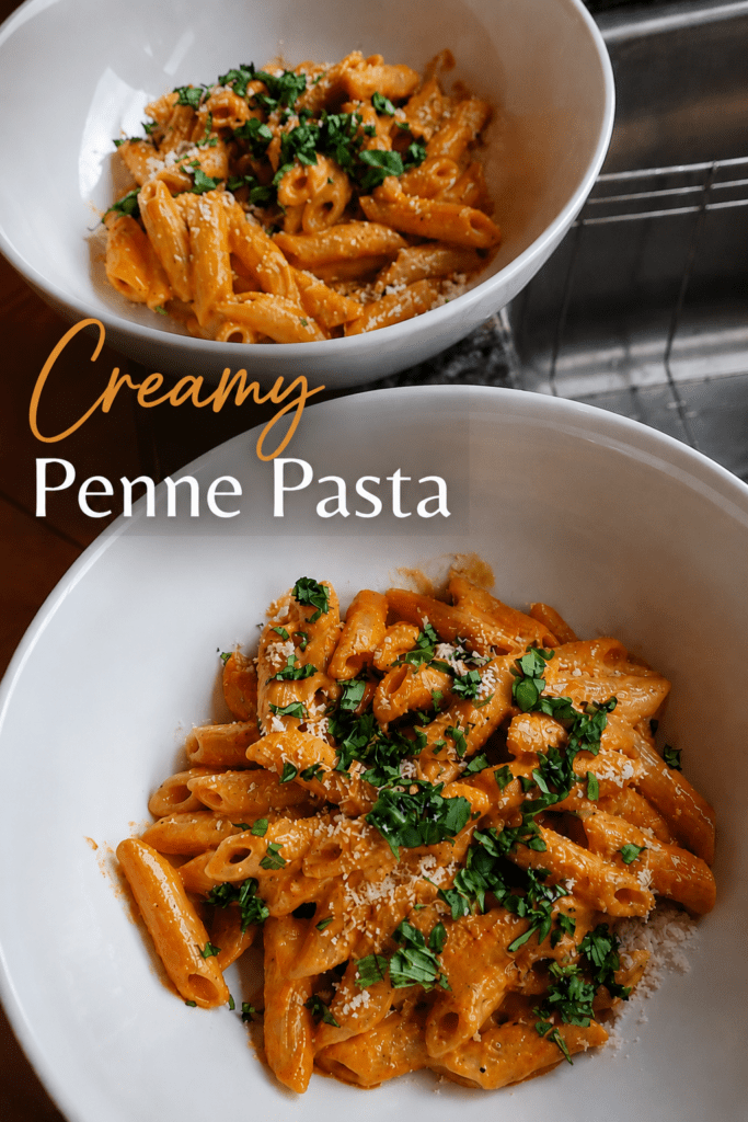 A bowl of creamy tomato penne pasta coated in a smooth pink tomato cream sauce, topped with grated parmesan and fresh basil.