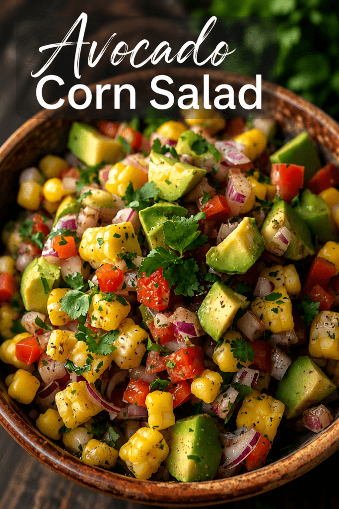 A colorful avocado corn salad with sweet corn kernels, diced avocado, tomatoes, red onion, cucumber, fresh herbs and lime dressing.