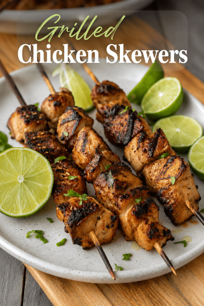 Juicy grilled chicken skewers with golden charred chicken pieces, fresh herbs, lime wedges and a light citrus marinade.