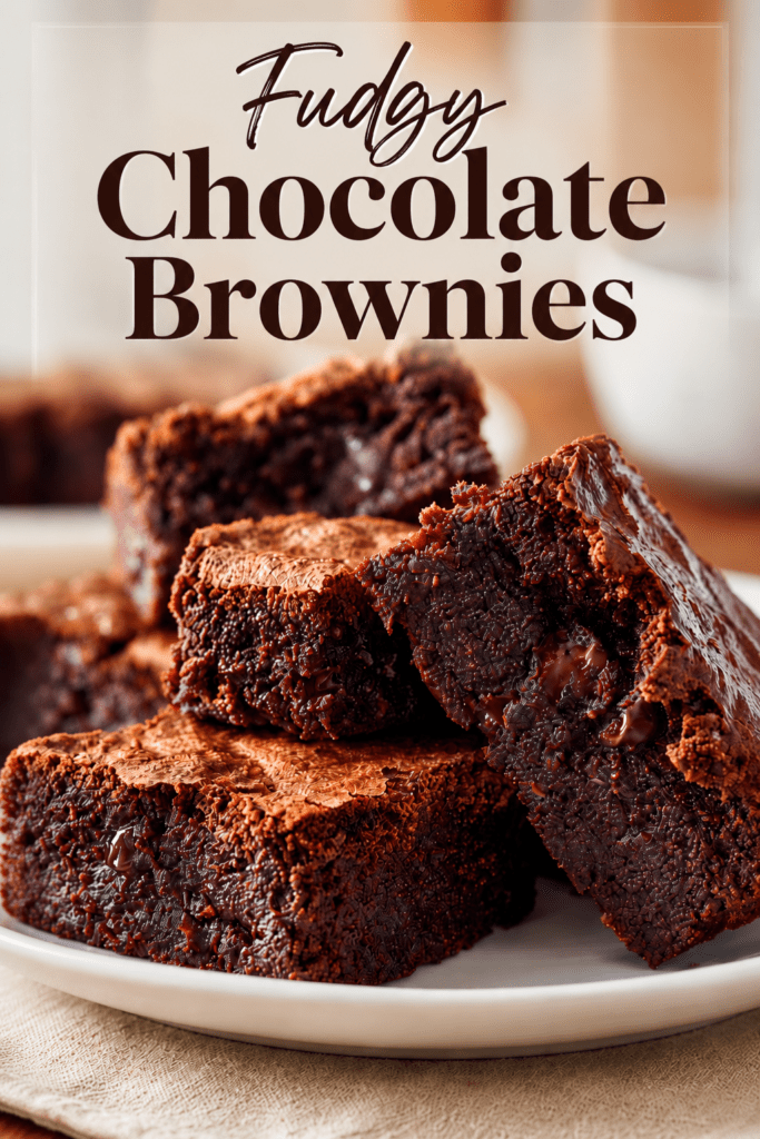 Fudgy chocolate brownies cut into squares with a crackly top, gooey chocolate center and rich dark chocolate texture.