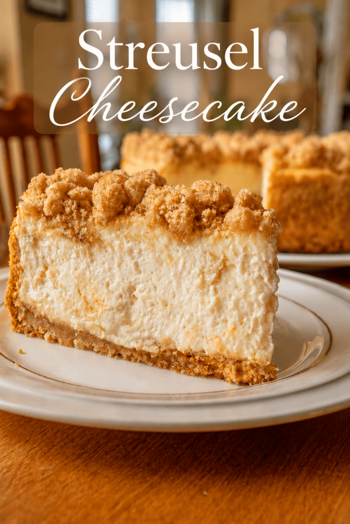 A creamy crumb topped cheesecake with a crunchy biscuit base, golden crumble topping and smooth cheesecake filling on a plate.
