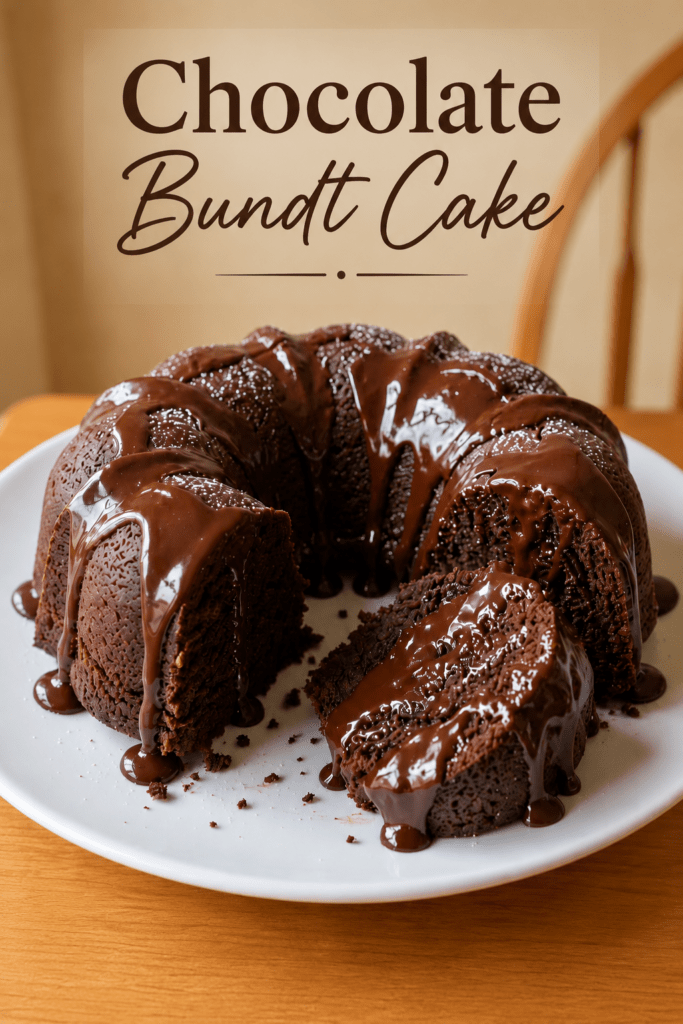 A moist chocolate Bundt cake topped with glossy chocolate ganache dripping down the sides, served on a plate with a rich dark crumb.