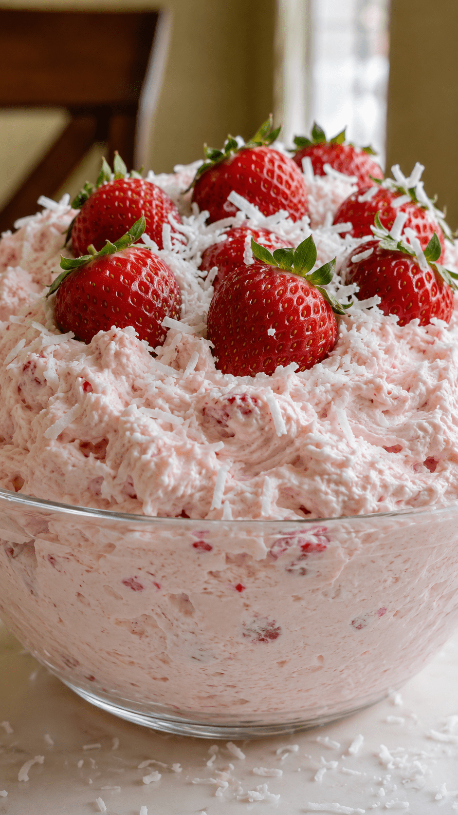 A glass bowl of sugar-free strawberry coconut cheesecake fluff topped with whole strawberries and shredded coconut, with a creamy pink texture.