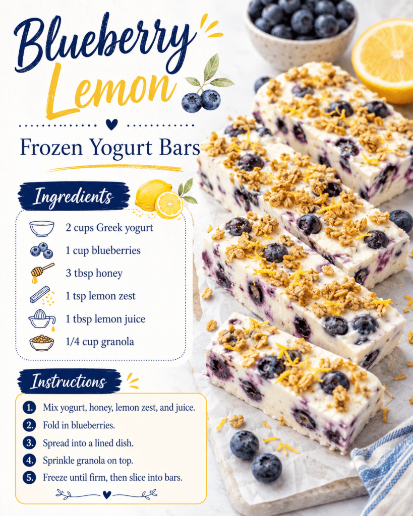 Blueberry lemon frozen yogurt bars cut into squares with creamy yogurt, whole blueberries, lemon zest and crunchy granola topping.