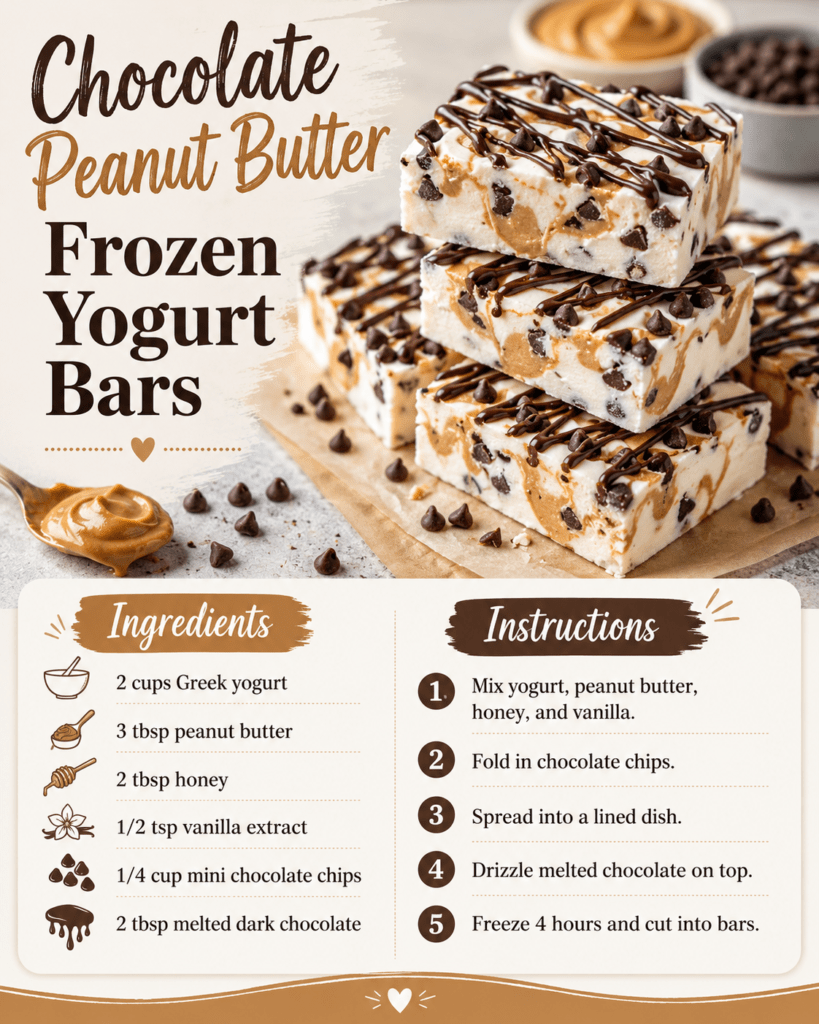 Chocolate peanut butter frozen yogurt bars cut into squares with creamy peanut butter yogurt, mini chocolate chips and dark chocolate drizzle.