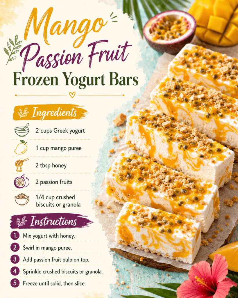 Mango passion fruit frozen yogurt bars cut into squares with creamy yogurt, mango swirls, passion fruit pulp and crunchy granola topping.