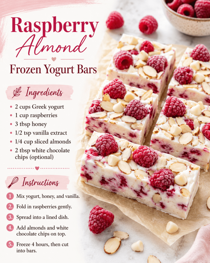 Raspberry almond frozen yogurt bars cut into squares with creamy Greek yogurt, fresh raspberries, sliced almonds and white chocolate chips on top.