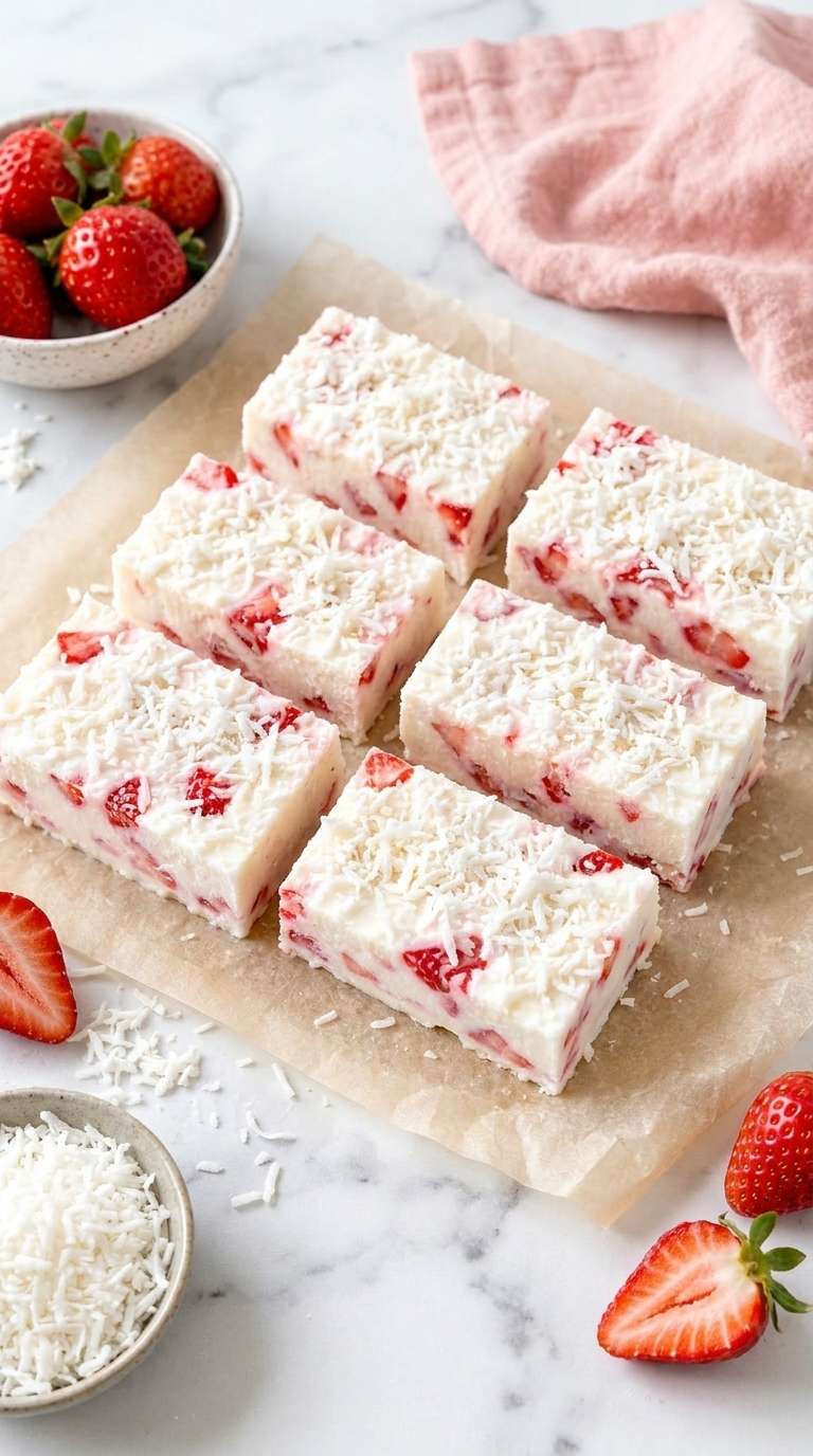 Strawberry coconut frozen yogurt bars cut into squares with creamy Greek yogurt, fresh strawberry pieces and shredded coconut on top.