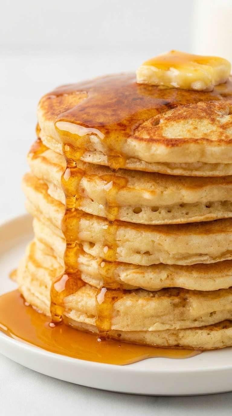 A stack of homemade fluffy pancakes on a plate topped with a pat of butter and golden pancake syrup dripping over the sides.
