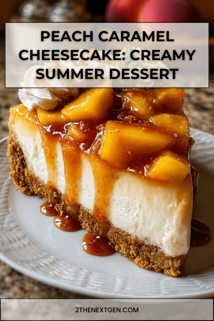 A creamy peach caramel cheesecake topped with caramelized peach slices, whipped cream, crushed biscuits, and fresh mint on a golden biscuit crust.