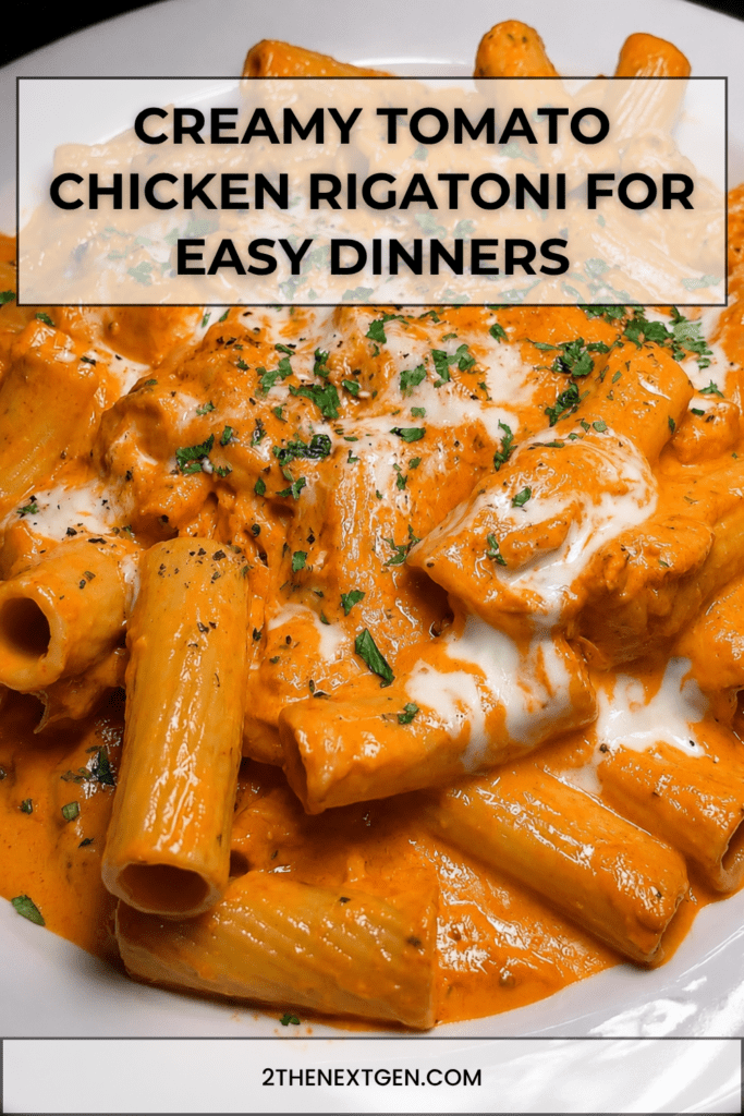 A creamy tomato chicken rigatoni dish served hot with tender chicken pieces, rich tomato cream sauce, melted mozzarella, parmesan, and fresh parsley.