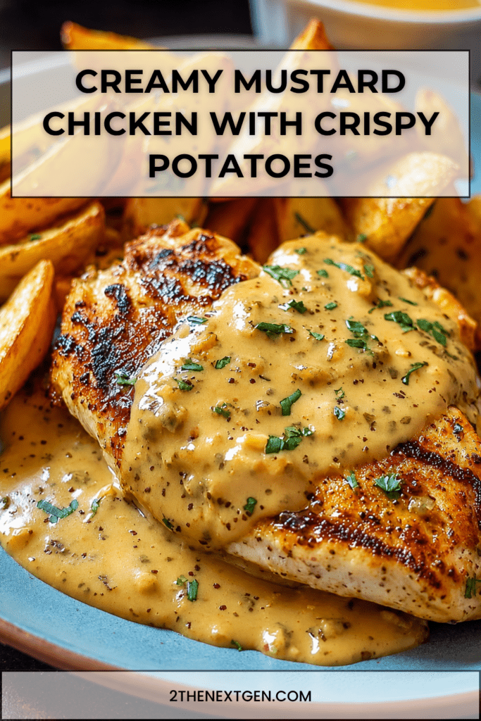 Tender chicken breasts covered in creamy mustard sauce served with crispy roasted potato wedges and fresh chopped parsley on a dinner plate.