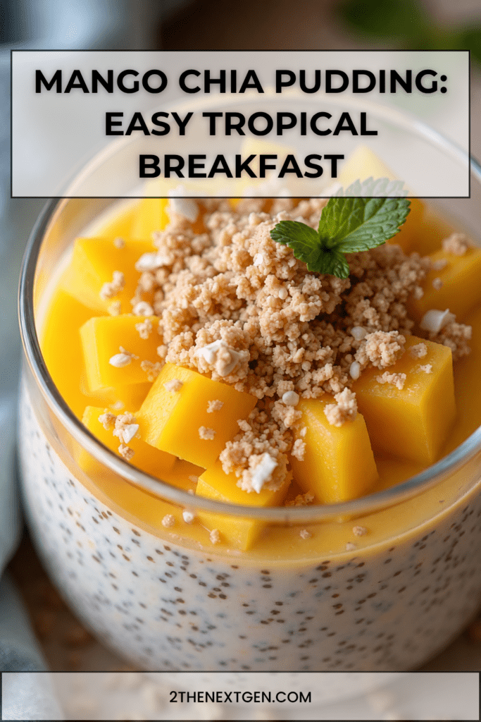 Creamy mango chia pudding served in clear glasses with coconut chia pudding, smooth mango purée, fresh mango cubes, granola, and mint leaves.