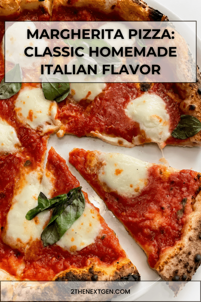 Homemade Margherita pizza with a golden puffed crust, fresh tomato sauce, melted mozzarella, basil leaves, olive oil, and cracked black pepper.