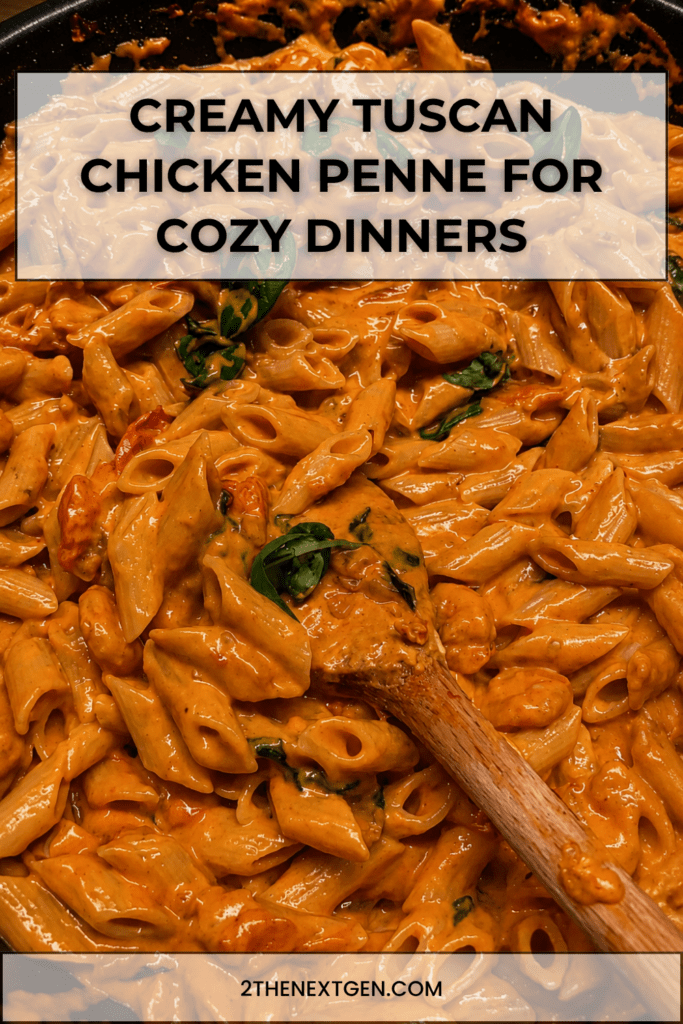 Creamy Tuscan chicken penne served in a bowl with golden chicken pieces, penne pasta, spinach, cherry tomatoes, parmesan, and a rich creamy tomato sauce.