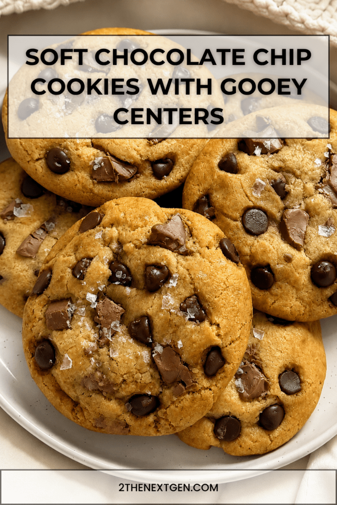 Soft chocolate chip cookies with golden edges, gooey chocolate chunks, dark chocolate chips, and flaky sea salt cooling on a baking tray.