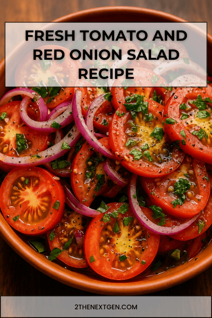 Fresh tomato and red onion salad served in a bowl with ripe tomato slices, thin red onion, parsley, basil, olive oil dressing, and black pepper.