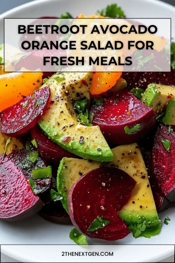 Colorful beetroot avocado orange salad served in a bowl with sliced cooked beetroot, creamy avocado chunks, orange segments, herbs, spring onion, and citrus dressing.