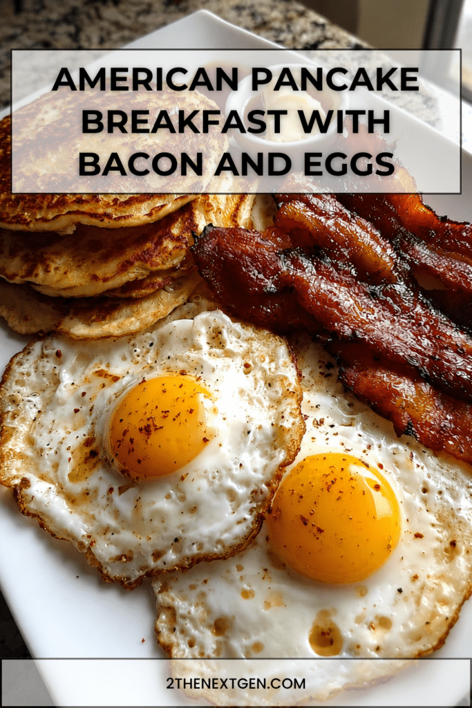 Fluffy American pancakes served with crispy bacon, fried eggs, butter, maple syrup, black pepper, and a golden breakfast plate presentation.