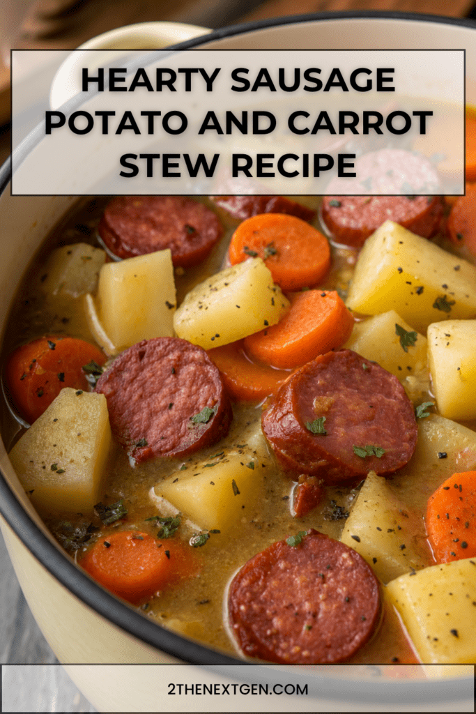 A warm bowl of sausage, potato and carrot stew with sliced smoked sausage, tender potato chunks, carrots and fresh parsley in a rich broth.