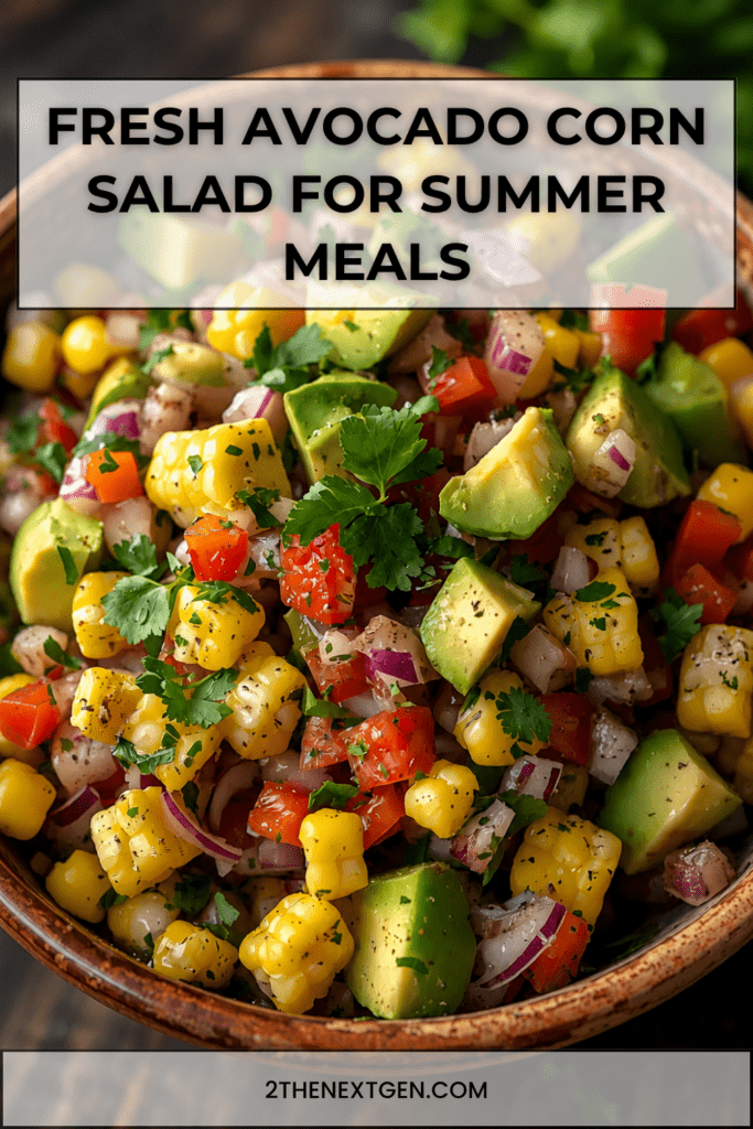 A colorful avocado corn salad with sweet corn kernels, diced avocado, tomatoes, red onion, cucumber, fresh herbs and lime dressing.