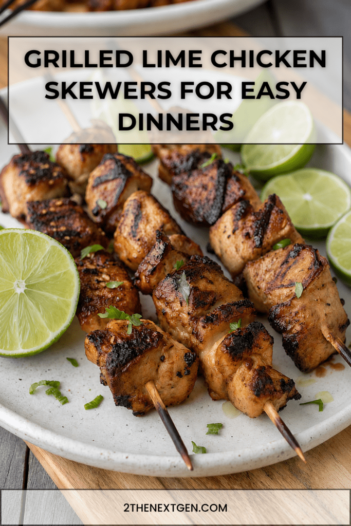 Juicy grilled chicken skewers with golden charred chicken pieces, fresh herbs, lime wedges and a light citrus marinade.