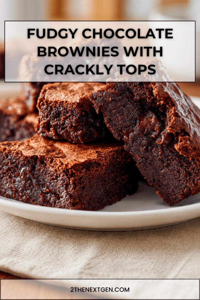 Fudgy chocolate brownies cut into squares with a crackly top, gooey chocolate center and rich dark chocolate texture.