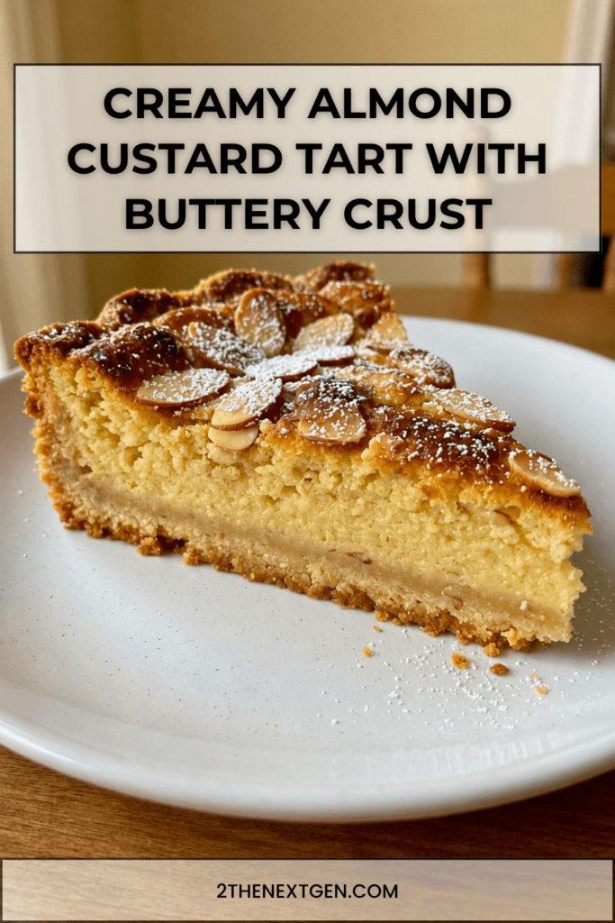 A golden almond custard tart with a buttery crust, creamy almond filling, sliced almonds on top and a dusting of powdered sugar.