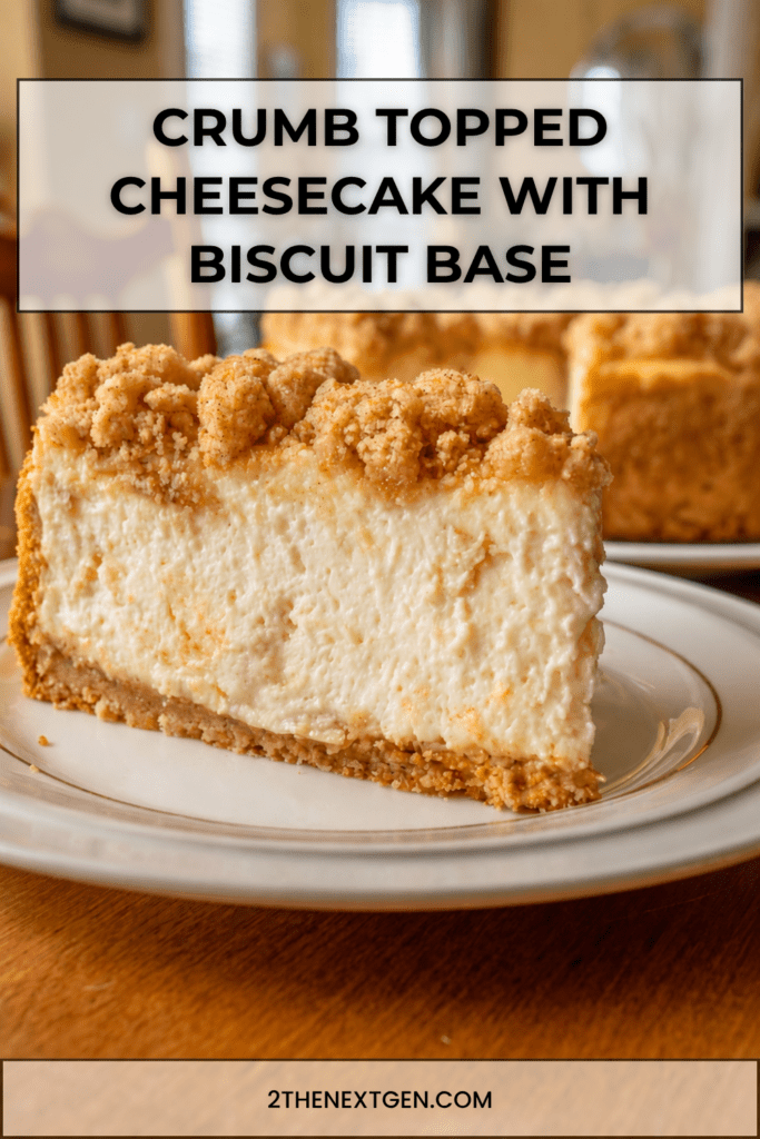 A creamy crumb topped cheesecake with a crunchy biscuit base, golden crumble topping and smooth cheesecake filling on a plate.