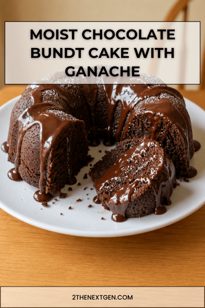 A moist chocolate Bundt cake topped with glossy chocolate ganache dripping down the sides, served on a plate with a rich dark crumb.