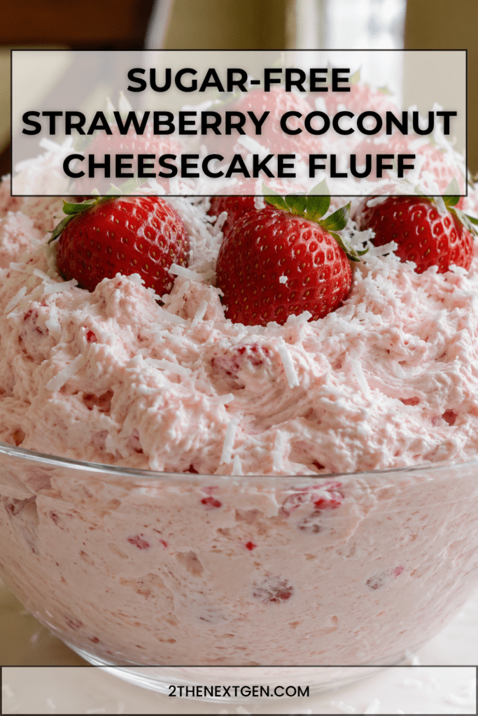 A glass bowl of sugar-free strawberry coconut cheesecake fluff topped with whole strawberries and shredded coconut, with a creamy pink texture.