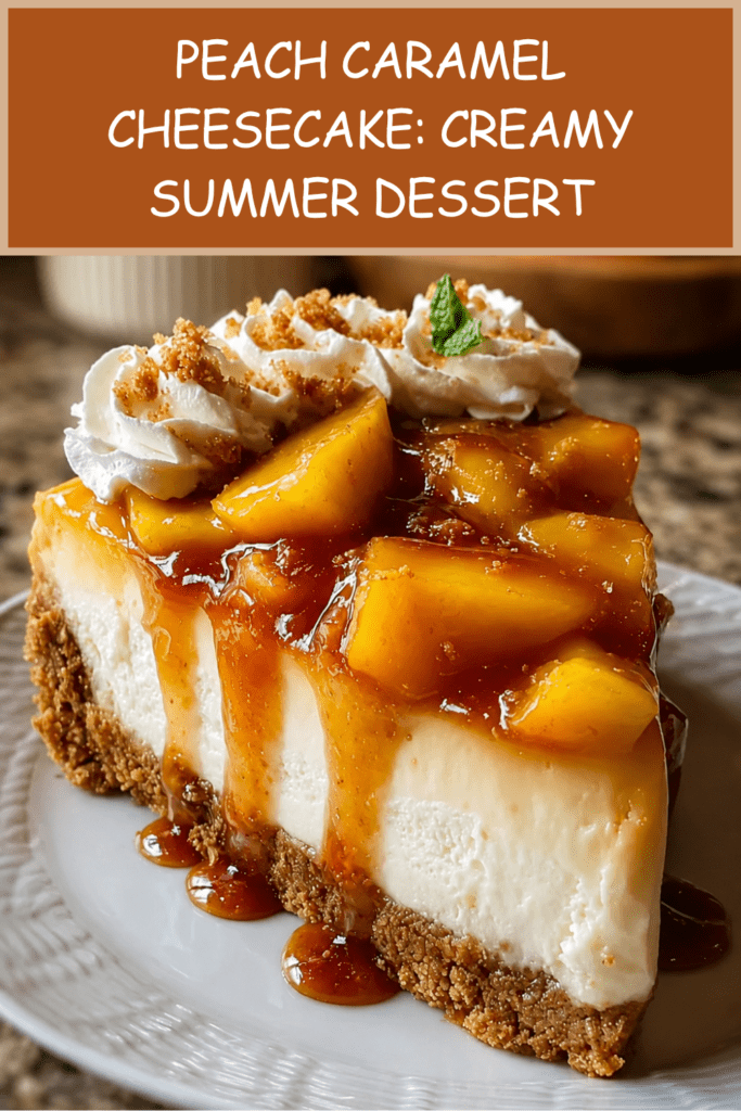 A creamy peach caramel cheesecake topped with caramelized peach slices, whipped cream, crushed biscuits, and fresh mint on a golden biscuit crust.