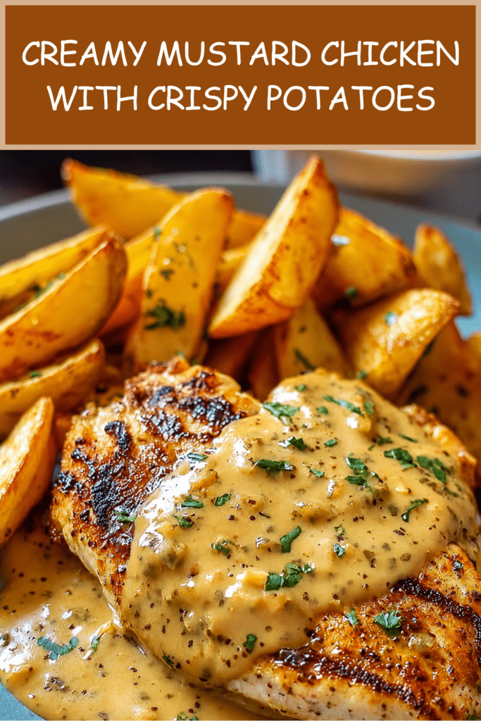 Tender chicken breasts covered in creamy mustard sauce served with crispy roasted potato wedges and fresh chopped parsley on a dinner plate.