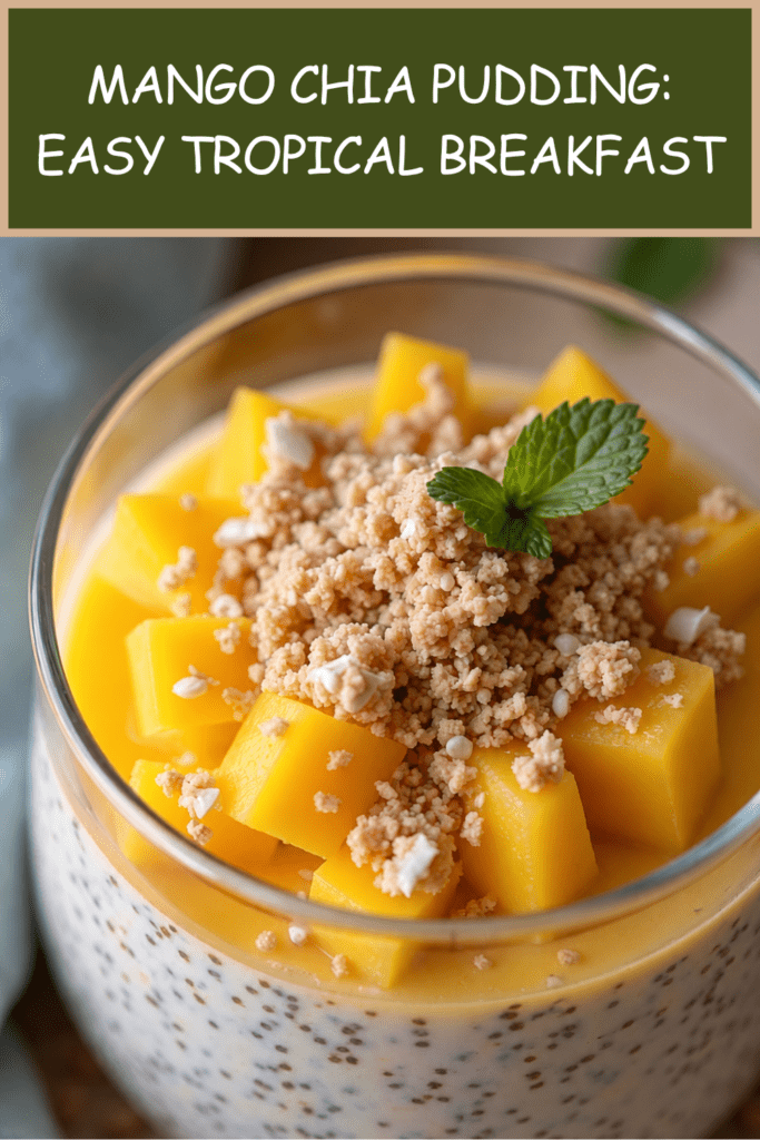 Creamy mango chia pudding served in clear glasses with coconut chia pudding, smooth mango purée, fresh mango cubes, granola, and mint leaves.