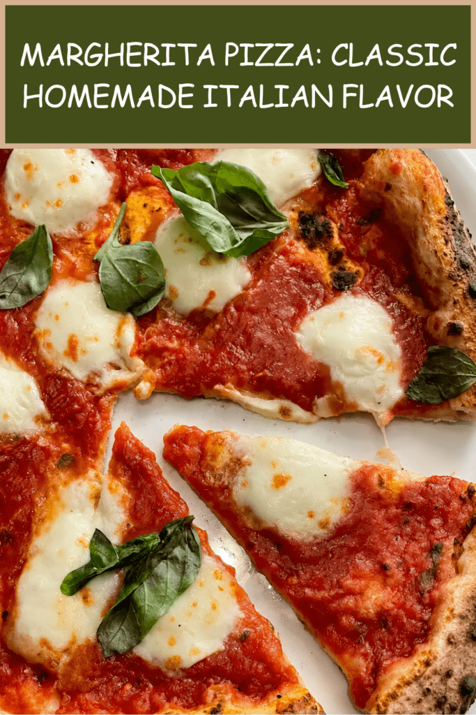 Homemade Margherita pizza with a golden puffed crust, fresh tomato sauce, melted mozzarella, basil leaves, olive oil, and cracked black pepper.