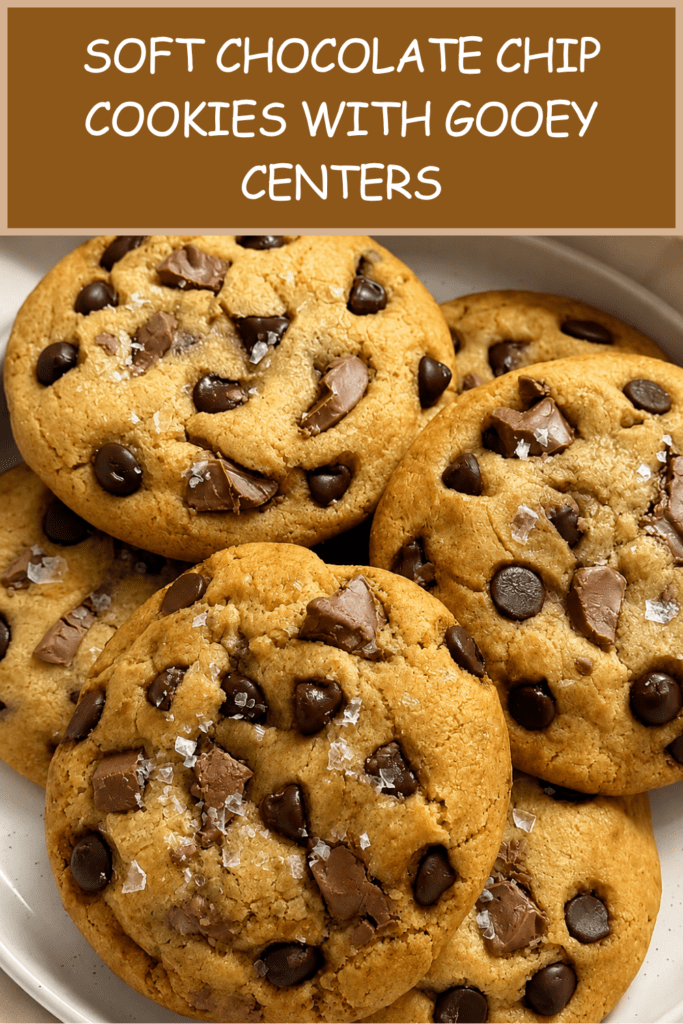 Soft chocolate chip cookies with golden edges, gooey chocolate chunks, dark chocolate chips, and flaky sea salt cooling on a baking tray.