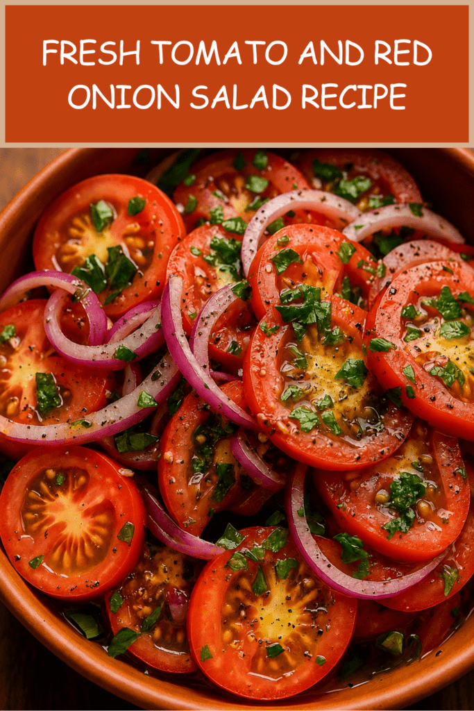 Fresh tomato and red onion salad served in a bowl with ripe tomato slices, thin red onion, parsley, basil, olive oil dressing, and black pepper.