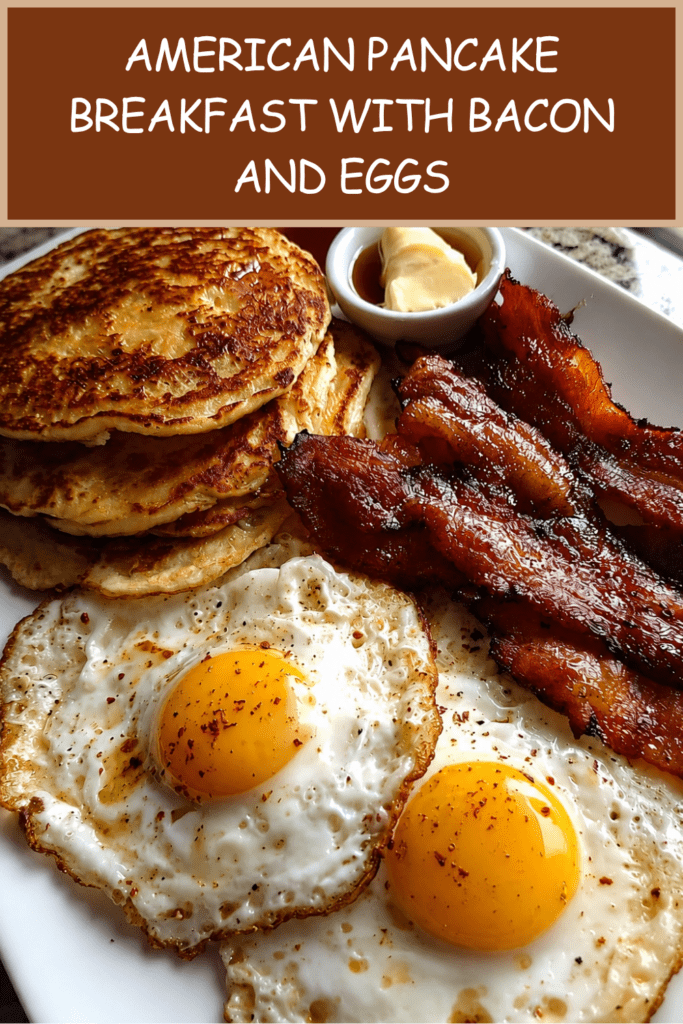 Fluffy American pancakes served with crispy bacon, fried eggs, butter, maple syrup, black pepper, and a golden breakfast plate presentation.