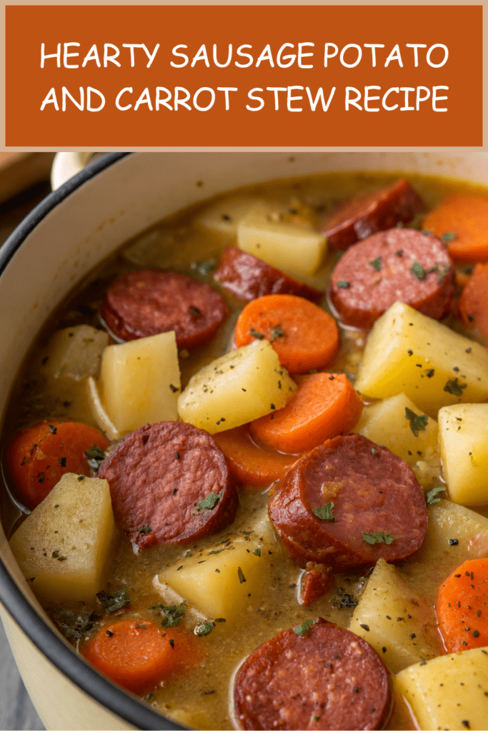 A warm bowl of sausage, potato and carrot stew with sliced smoked sausage, tender potato chunks, carrots and fresh parsley in a rich broth.