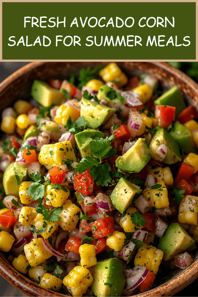 A colorful avocado corn salad with sweet corn kernels, diced avocado, tomatoes, red onion, cucumber, fresh herbs and lime dressing.