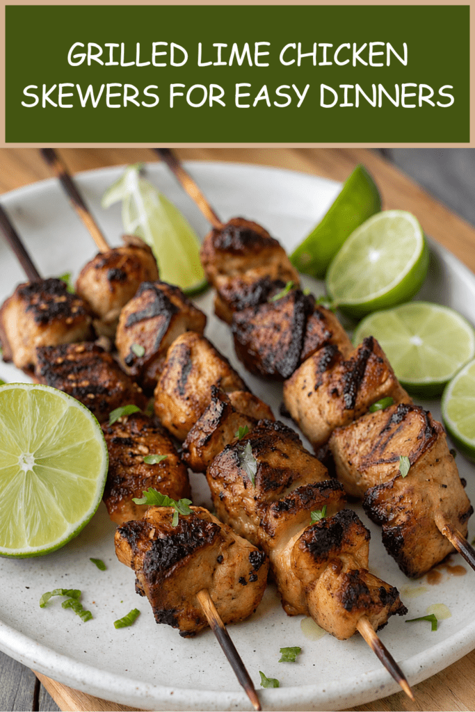 Juicy grilled chicken skewers with golden charred chicken pieces, fresh herbs, lime wedges and a light citrus marinade.