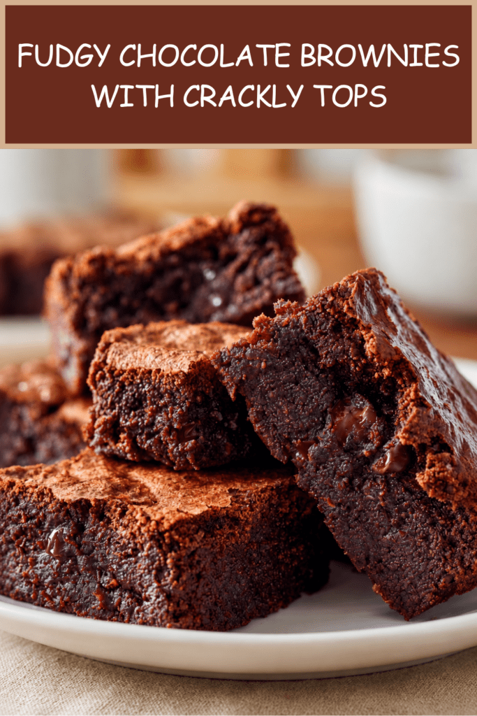 Fudgy chocolate brownies cut into squares with a crackly top, gooey chocolate center and rich dark chocolate texture.